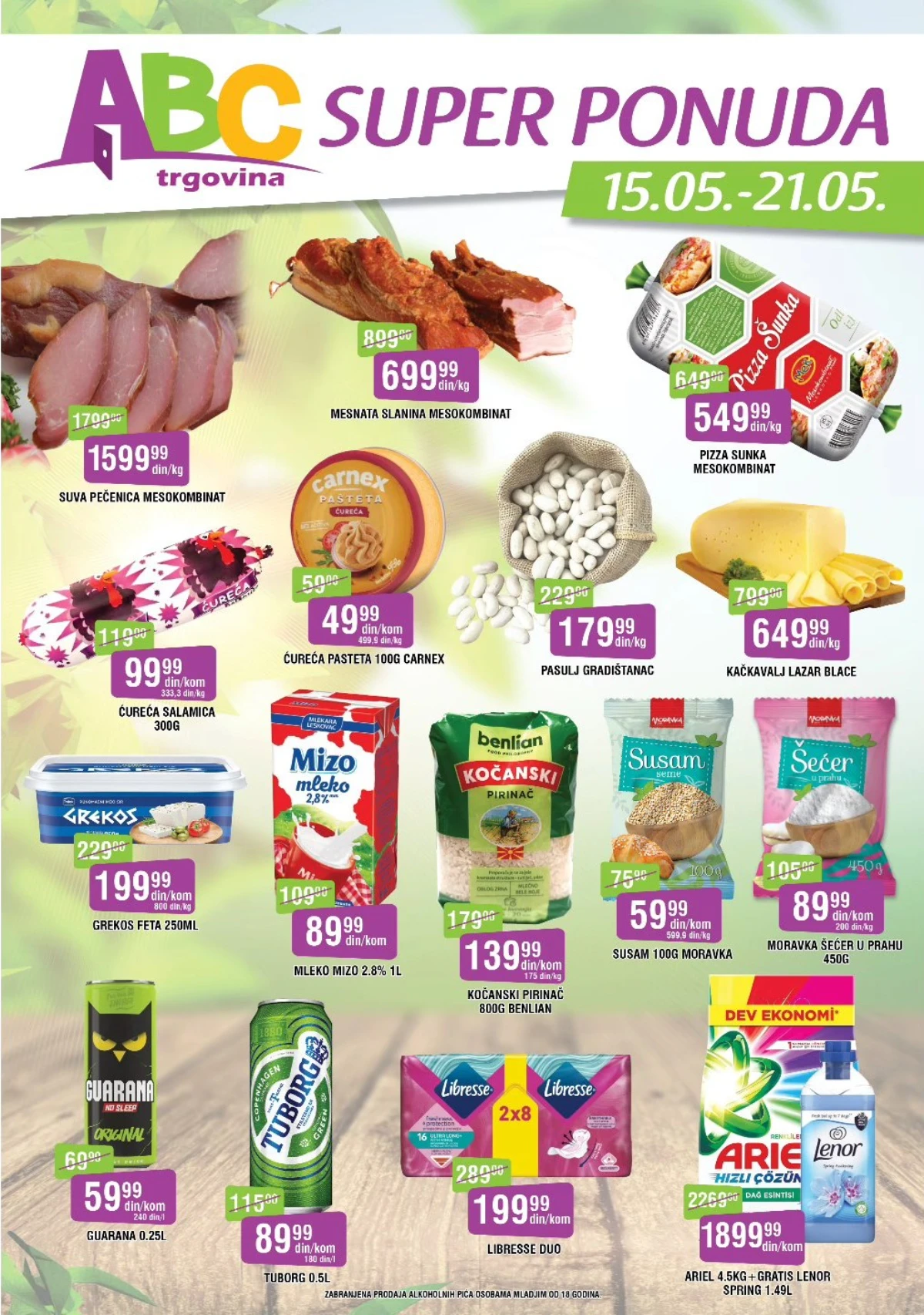 ABC SUPER ponuda do 21.05.2026 – suva pečenica 1.599,99 din, pizza šunka 549,99 din i Ariel paket 1.899,99 din