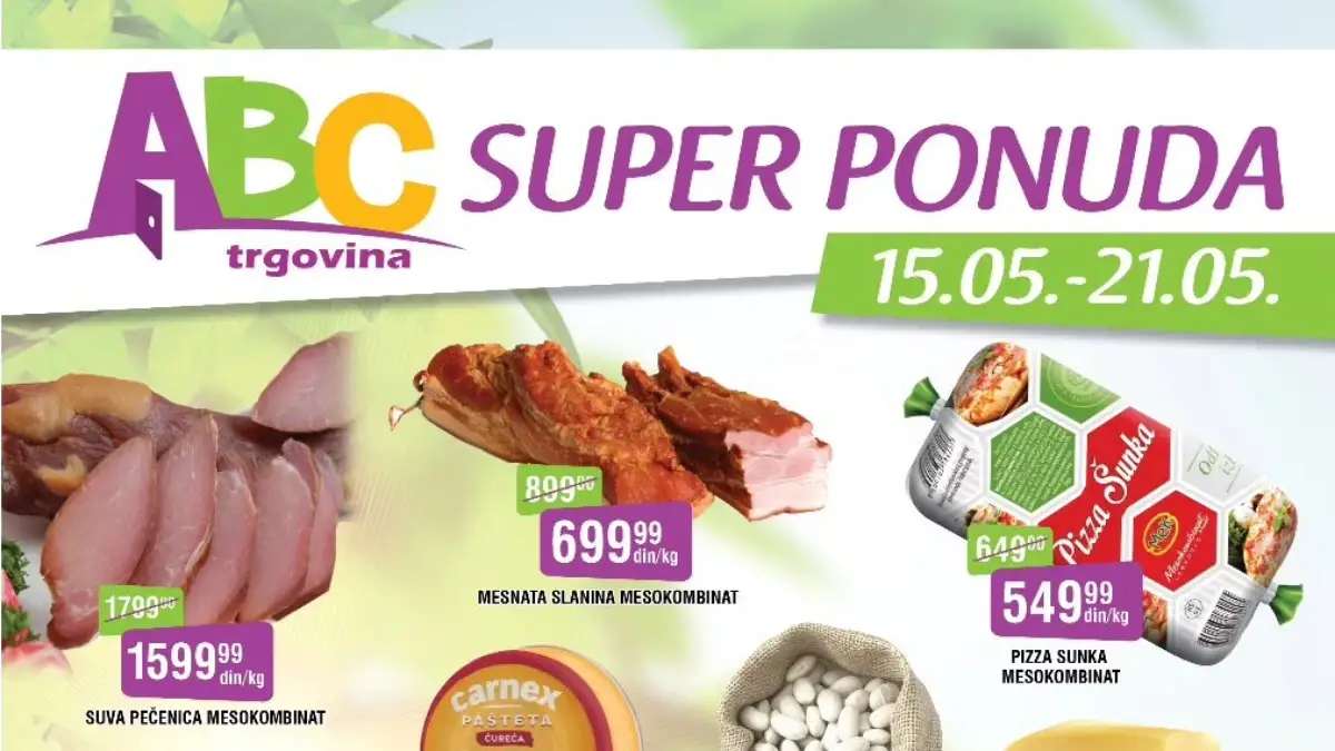 ABC SUPER ponuda maj 2026 – suva pečenica 1.599,99 din, pizza šunka 549,99 din i Ariel paket 1.899,99 din