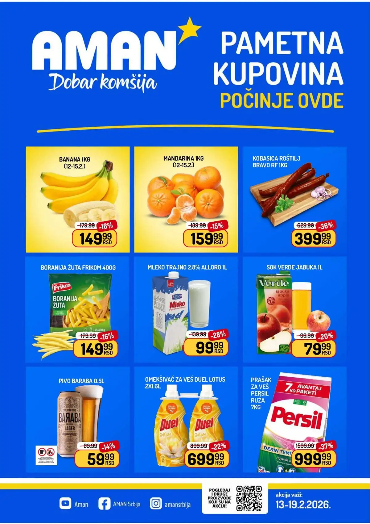 Aman nedeljna akcija katalog strana 1 – velika sniženja prehrane i kućnih proizvoda 13–19. februar 2026