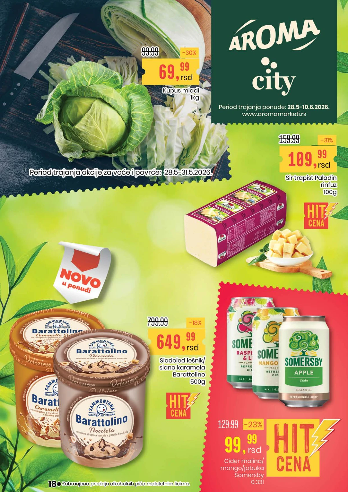 Aroma City akcija do 10.06.2026 – mladi kupus 69,99 RSD, trapist sir 109,99 RSD i Somersby cider 99,99 RSD