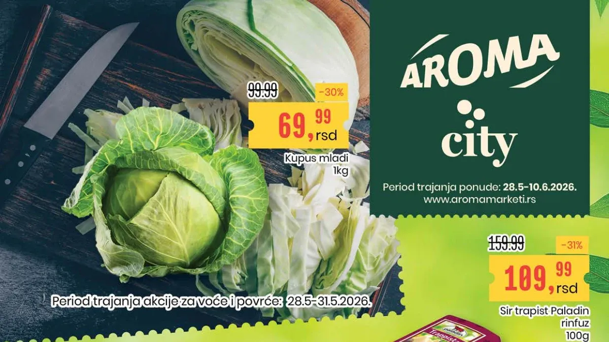 Aroma City akcija do 10.06.2026 – mladi kupus 69,99 RSD, trapist sir 109,99 RSD i Barattolino sladoled 649,99 RSD