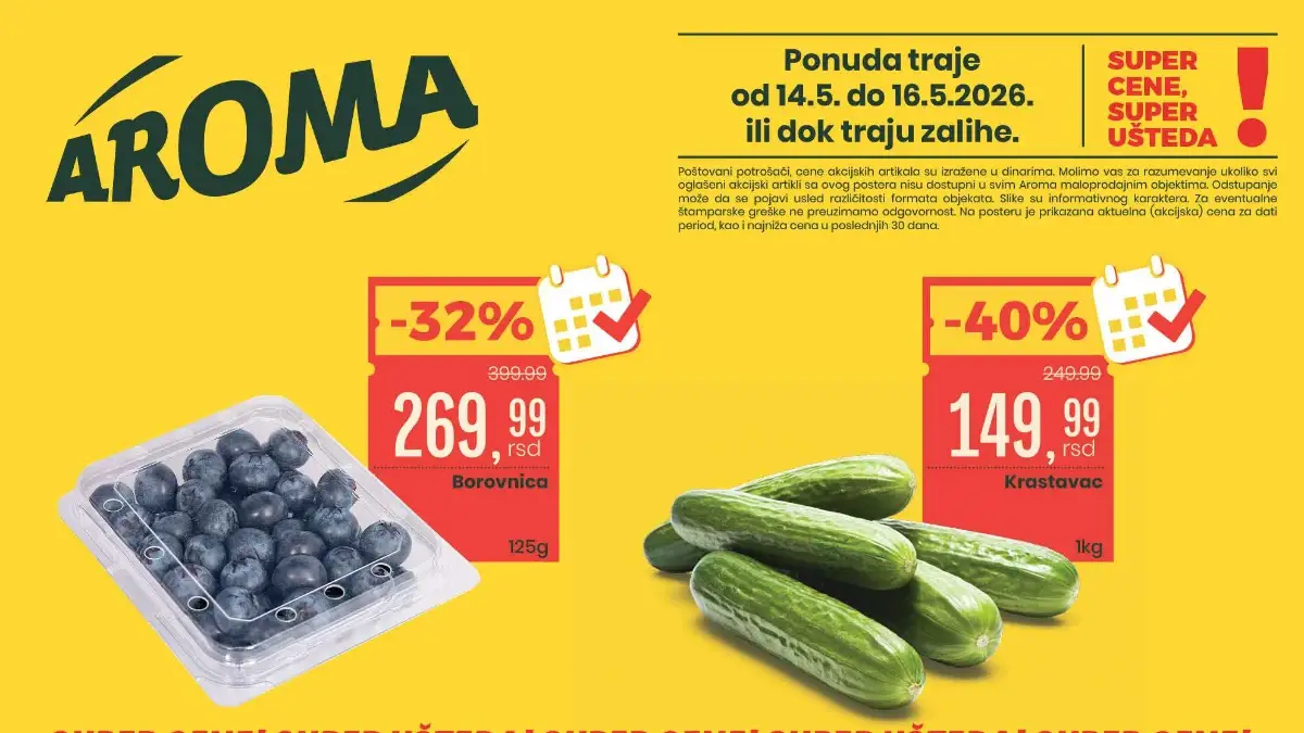 Aroma vikend akcija maj 2026 – borovnice 269,99 din, krastavac 149,99 din i Stella Artois 94,99 din
