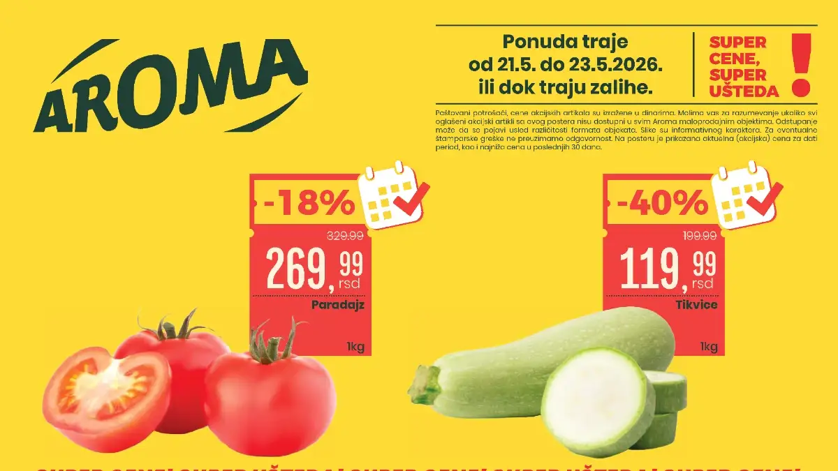 Aroma City vikend akcija maj 2026 – paradajz 269,99 din, tikvice 119,99 din i Grand kafa 369,99 din