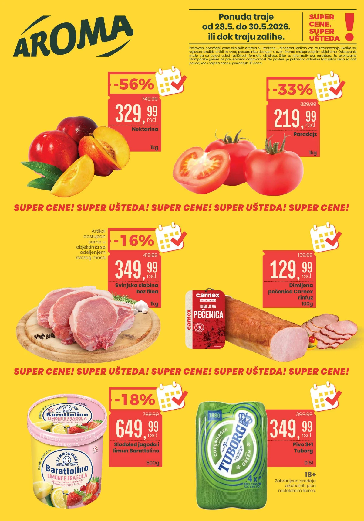 Aroma vikend akcija maj 2026 – nektarine 329,99 din, paradajz 219,99 din i Tuborg pivo 3+1 za 349,99 din