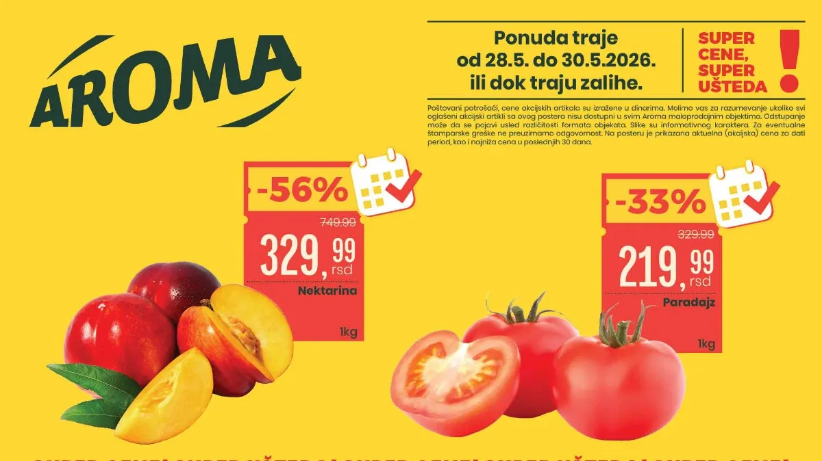 Aroma i City vikend akcija maj 2026 – nektarine 329,99 din, paradajz 219,99 din i Tuborg pivo 349,99 din