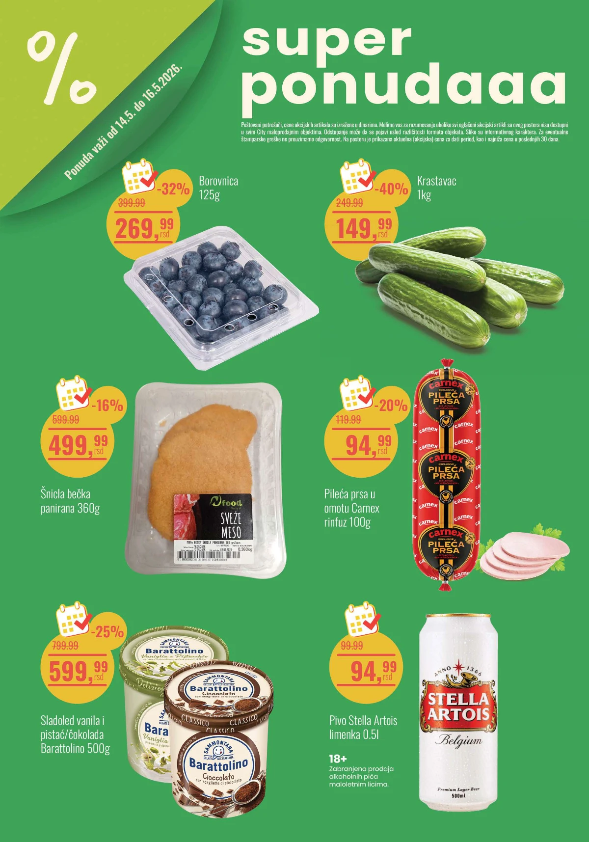 Aroma City vikend akcija 14-16.05.2026 – borovnice 269,99 din, krastavac 149,99 din i Stella Artois 94,99 din