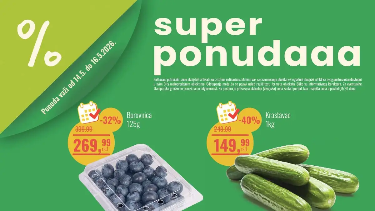 Aroma City vikend akcija 14-16.05.2026 – borovnice 269,99 din, krastavac 149,99 din i Stella Artois 94,99 din