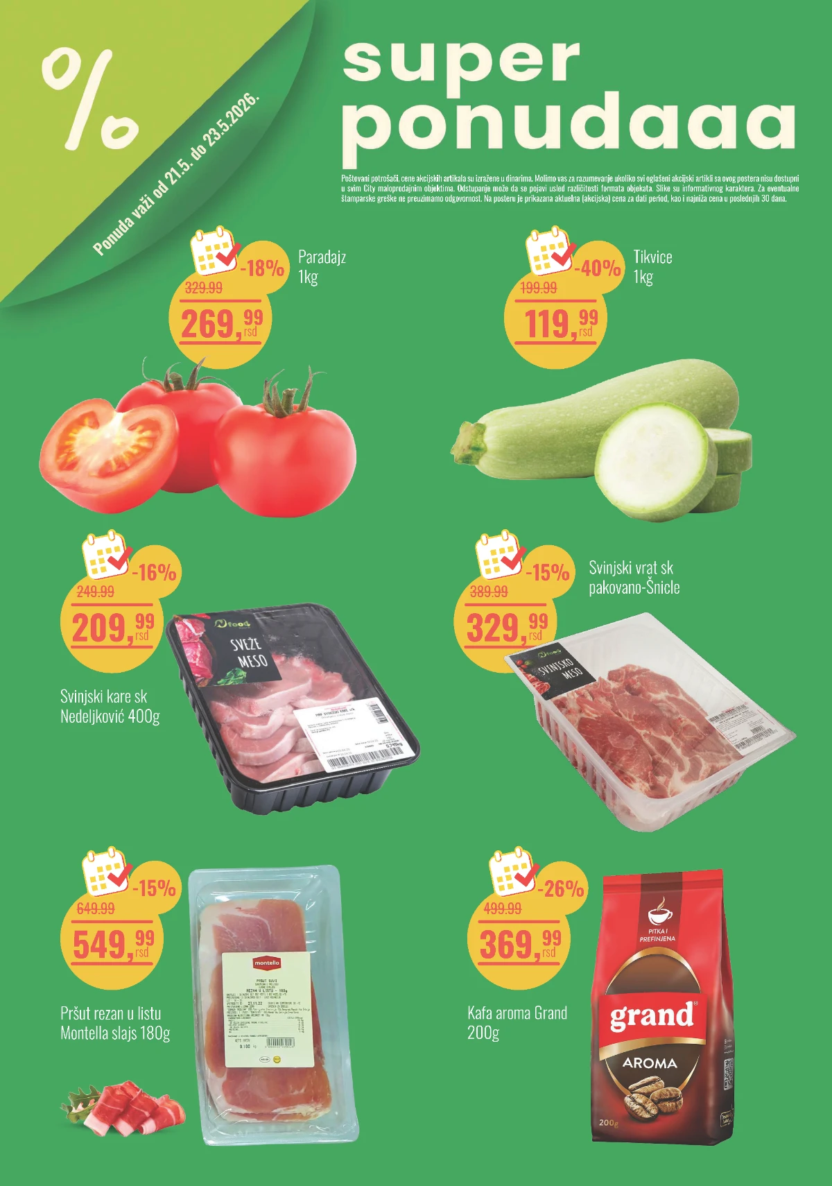 Aroma City vikend akcija 21–23.05.2026 paradajz 269,99 din tikvice 119,99 din Grand kafa 369,99 din