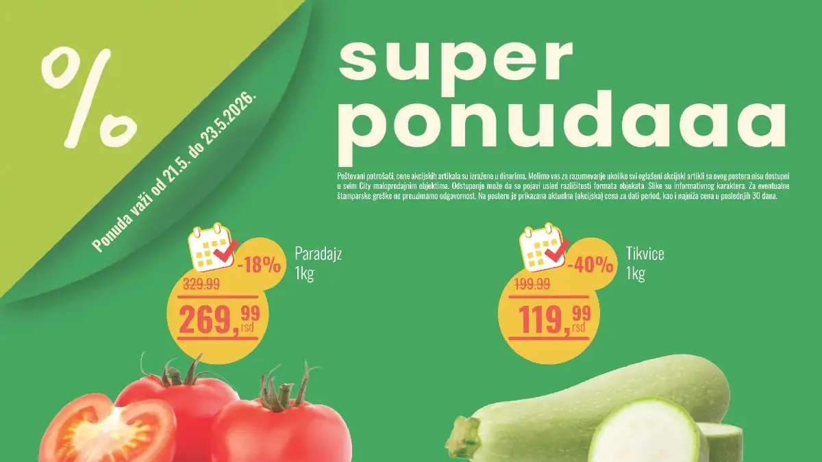 Aroma City vikend akcija 21–23.05.2026 paradajz 269,99 din tikvice 119,99 din Grand kafa 369,99 din