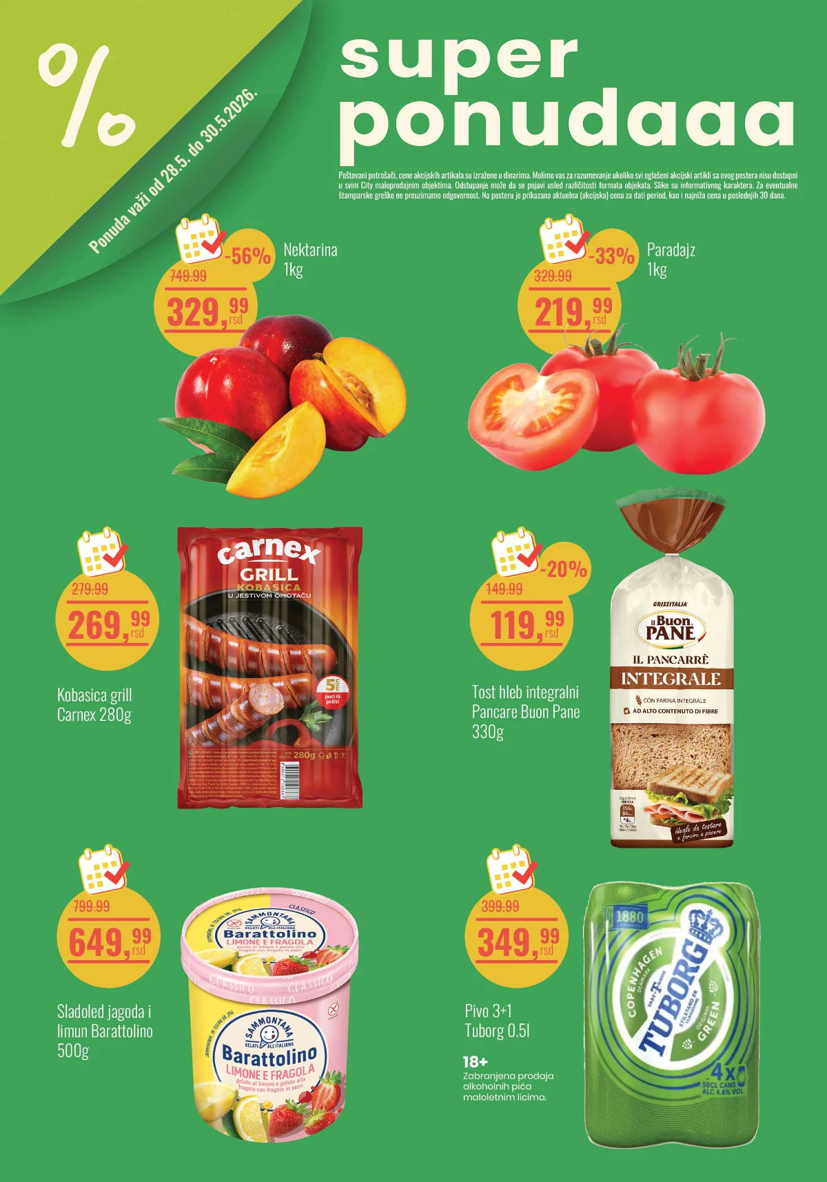 City vikend akcija maj 2026 – nektarine 329,99 din, paradajz 219,99 din i Tuborg pivo 3+1 za 349,99 din