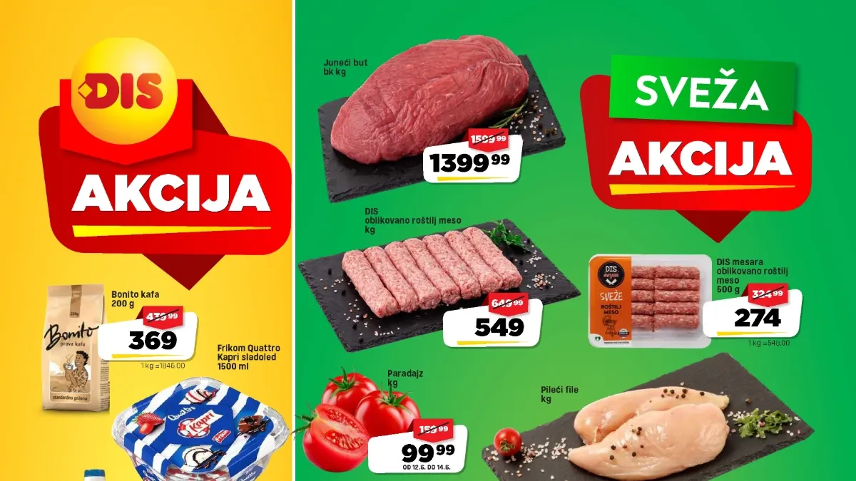 DIS akcija od 12.06. do 18.06.2026 – juneći but, pileći file, roštiljsko meso, paradajz, nektarine i Dobro proizvodi na akciji