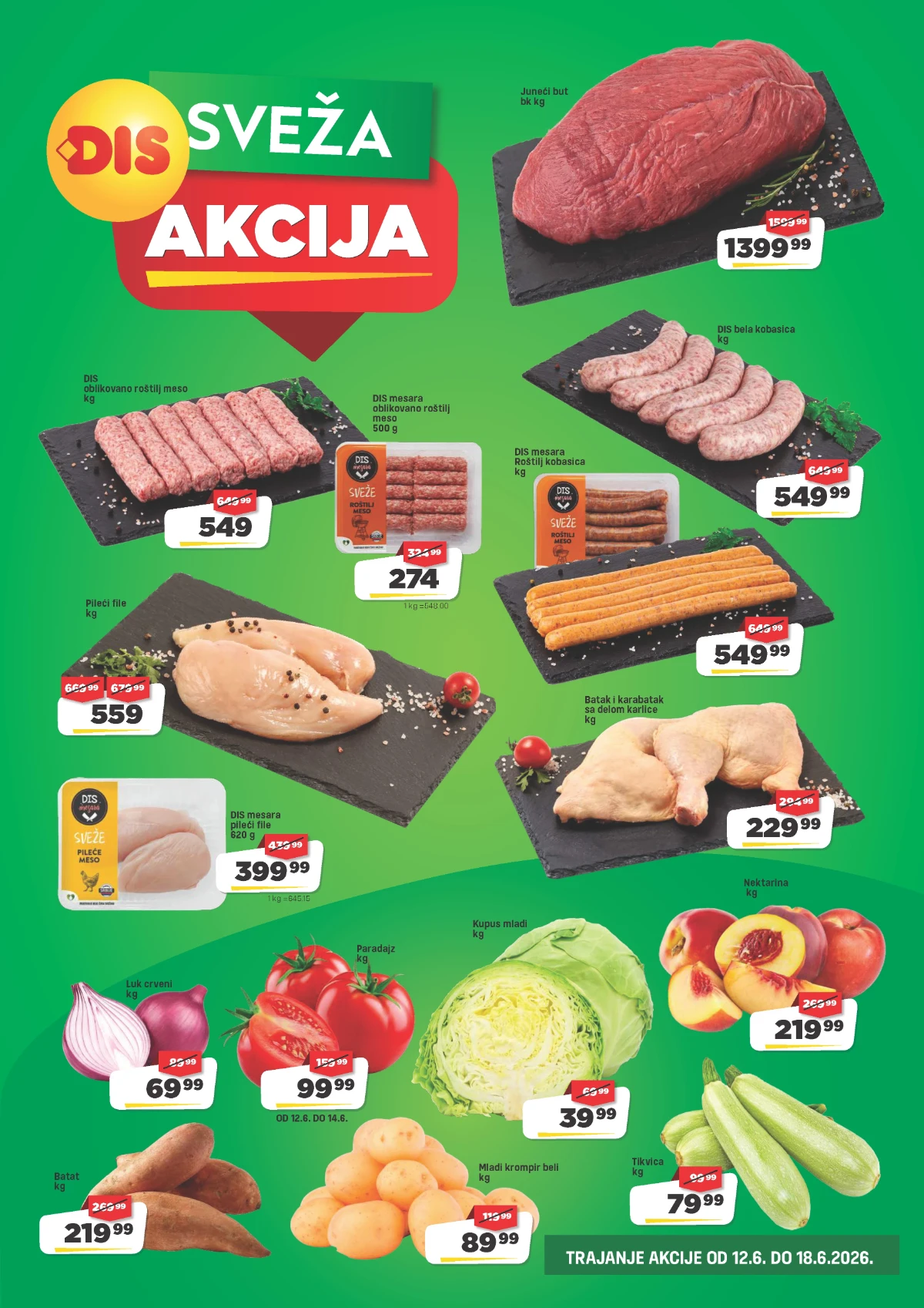 DIS katalog strana 3 – juneći but, pileći file, kobasice, paradajz i nektarine na akciji