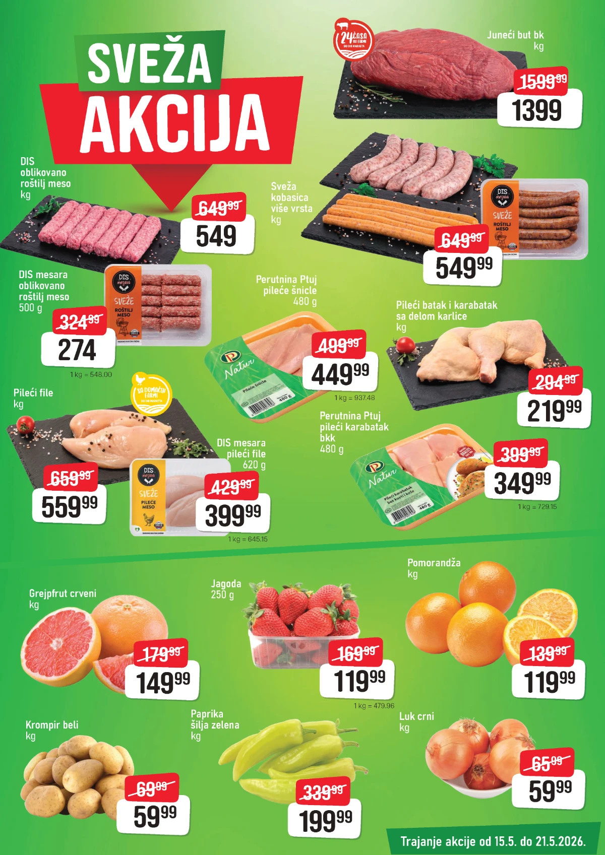 DIS sveža akcija do 21.05.2026 – meso, voće i povrće na sniženju