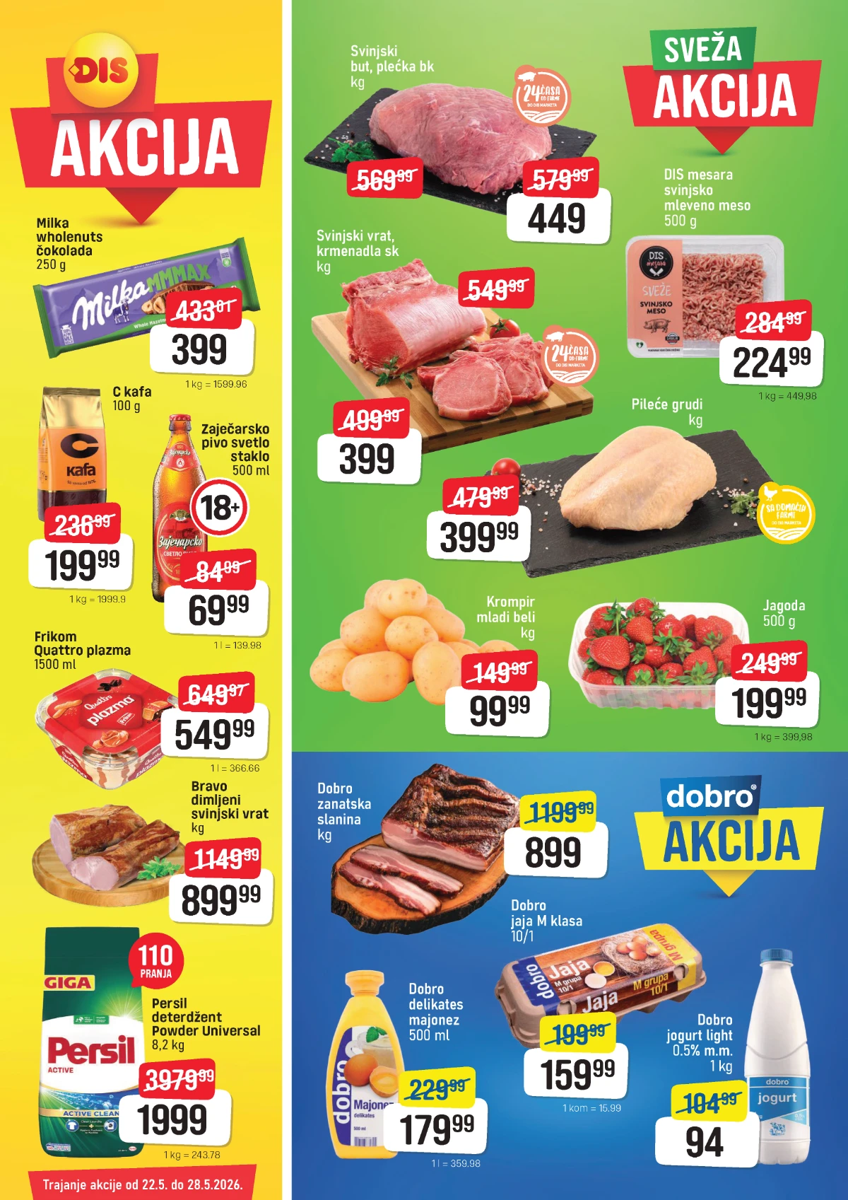 DIS akcija do 49% – sveže meso, jagode, Milka i Persil po nižim cenama do 28.05.2026.