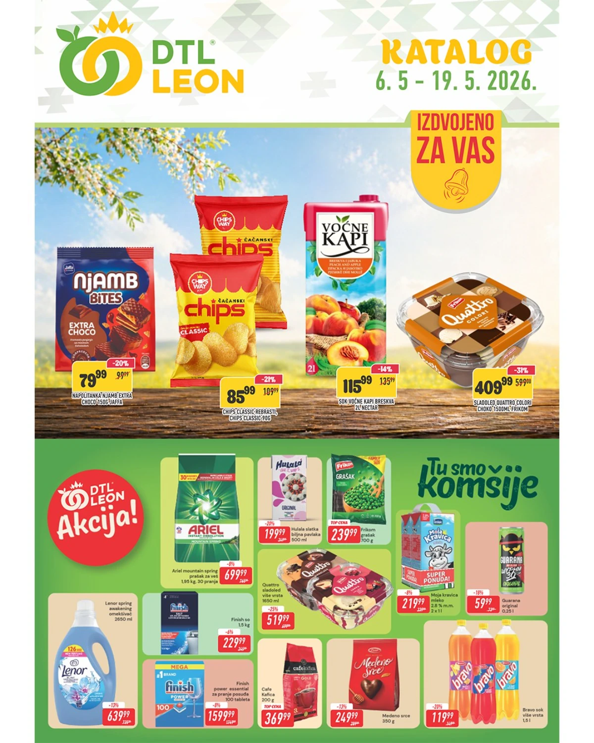 DTL Leon katalog sniženja maj 2026 – Quattro Ariel Bravo sok i druge akcijske cene