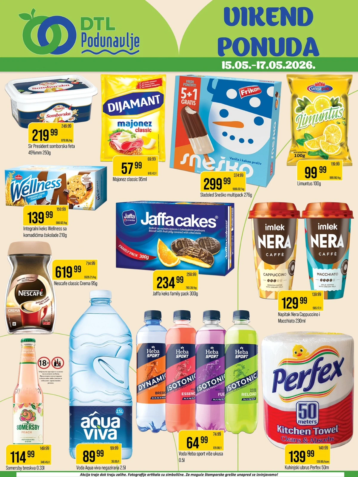 DTL Podunavlje vikend ponuda 15–17.05.2026 – Aqua Viva 89,99 din, Jaffa Cakes 234,99 din i Frikom Sneško 299,99 din