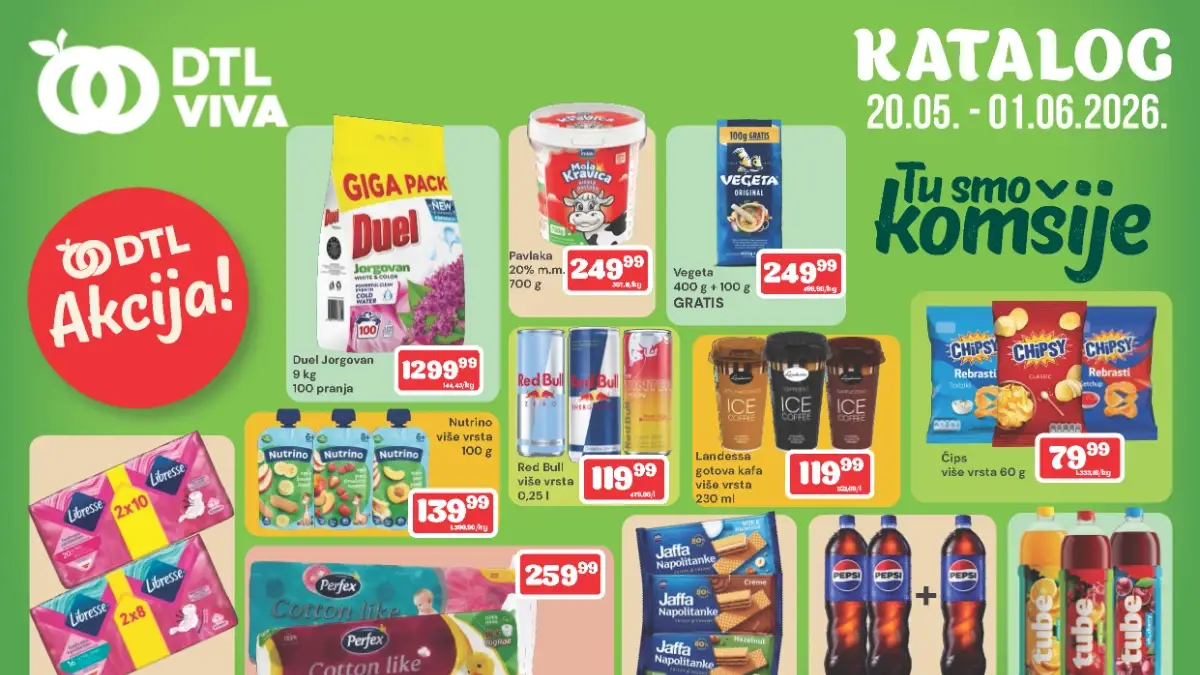 DTL Viva katalog maj 2026 – velika akcija i sniženja do 50% DTL Viva akcija 20.05–01.06.2026 katalog sa sniženjima do 50 posto na prehranu, piće i kućnu hemiju
