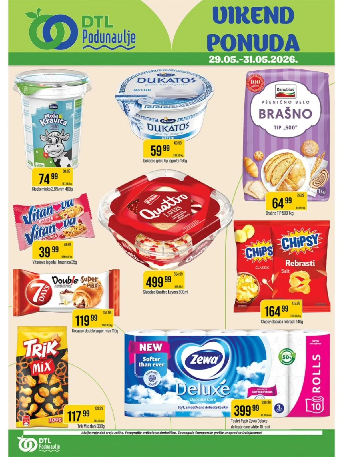 DTL Podunavlje vikend ponuda 29–31.05.2026 – Dukatos, brašno TIP 500, Chipsy i Zeva proizvodi po nižim cenama