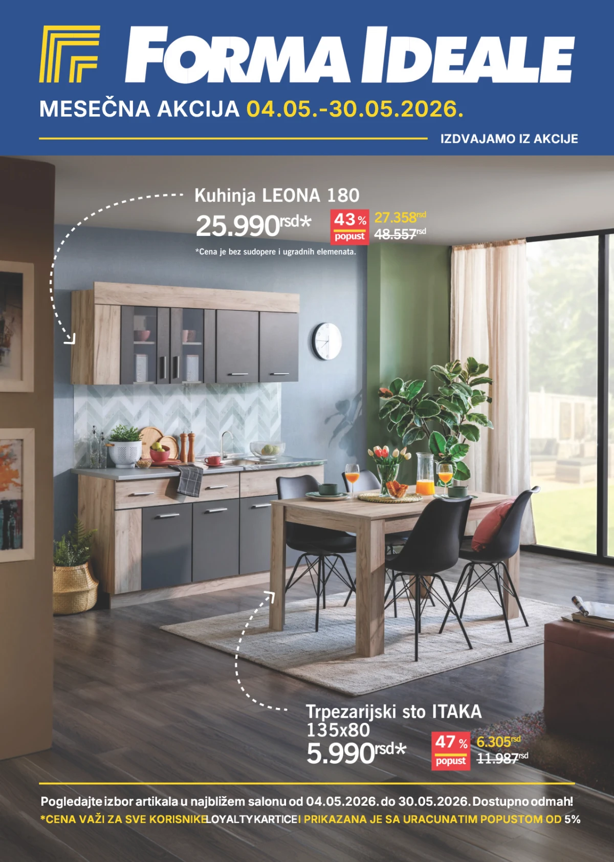 Forma Ideale mesečna akcija maj 2026 – kuhinje, stolovi i nameštaj na sniženju do 56%