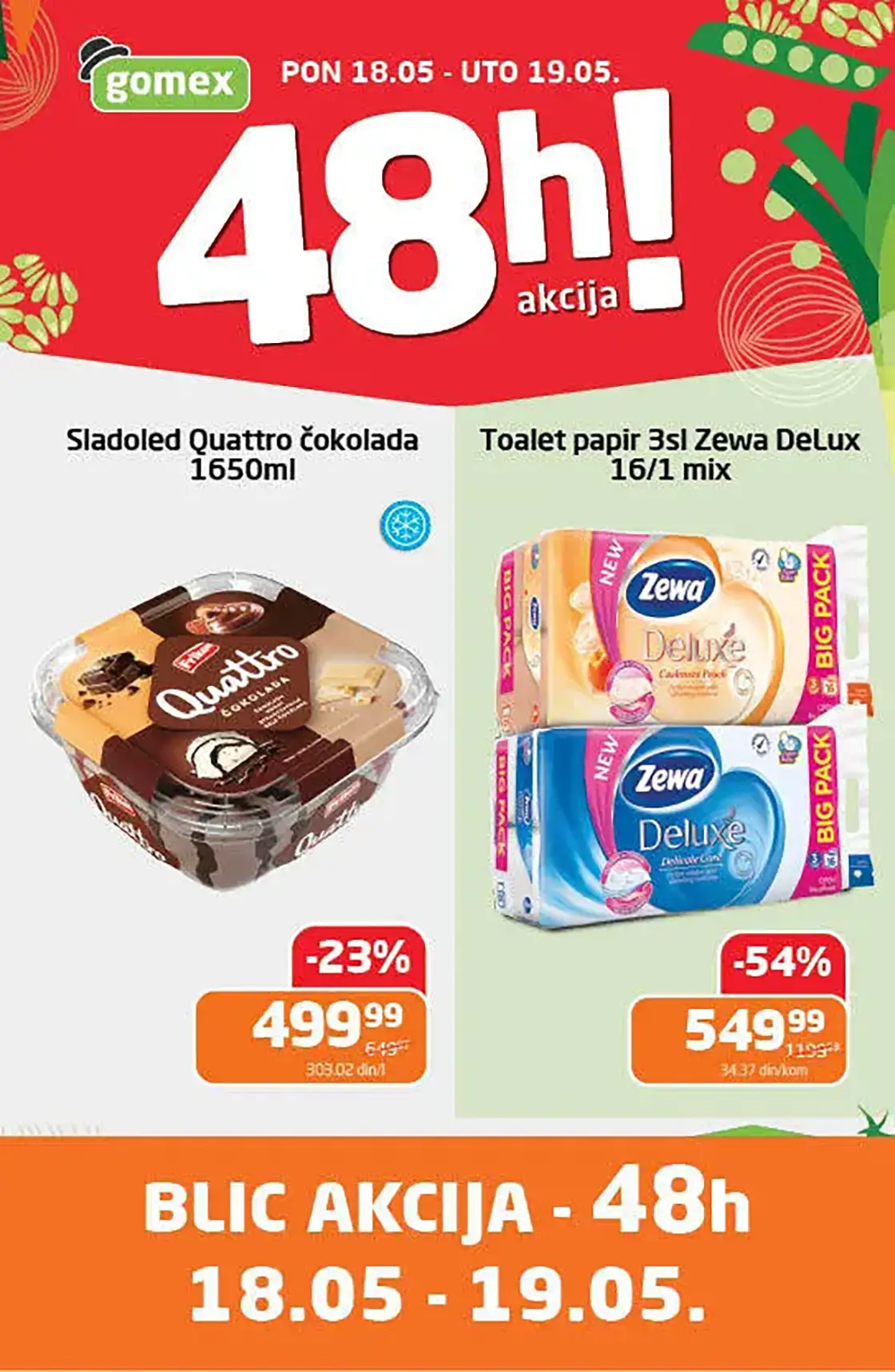 Gomex 48h akcija 18–19.05.2026 Zewa Deluxe 16/1 i Quattro sladoled na sniženju do 54 posto