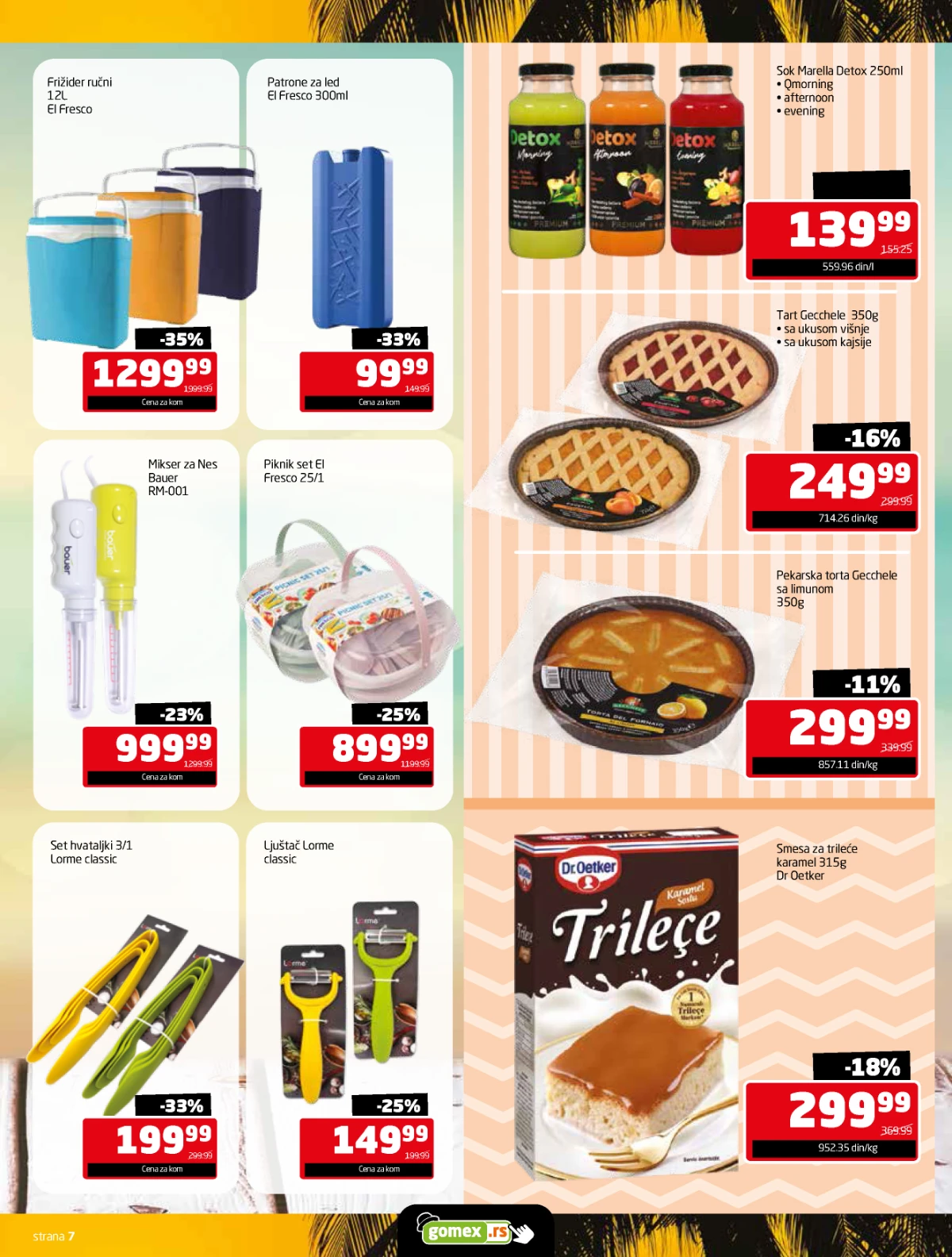 Gomex Letnje osveženje katalog strana 7 – frižider ručni, sokovi, tart, torta i kuhinjski pribor