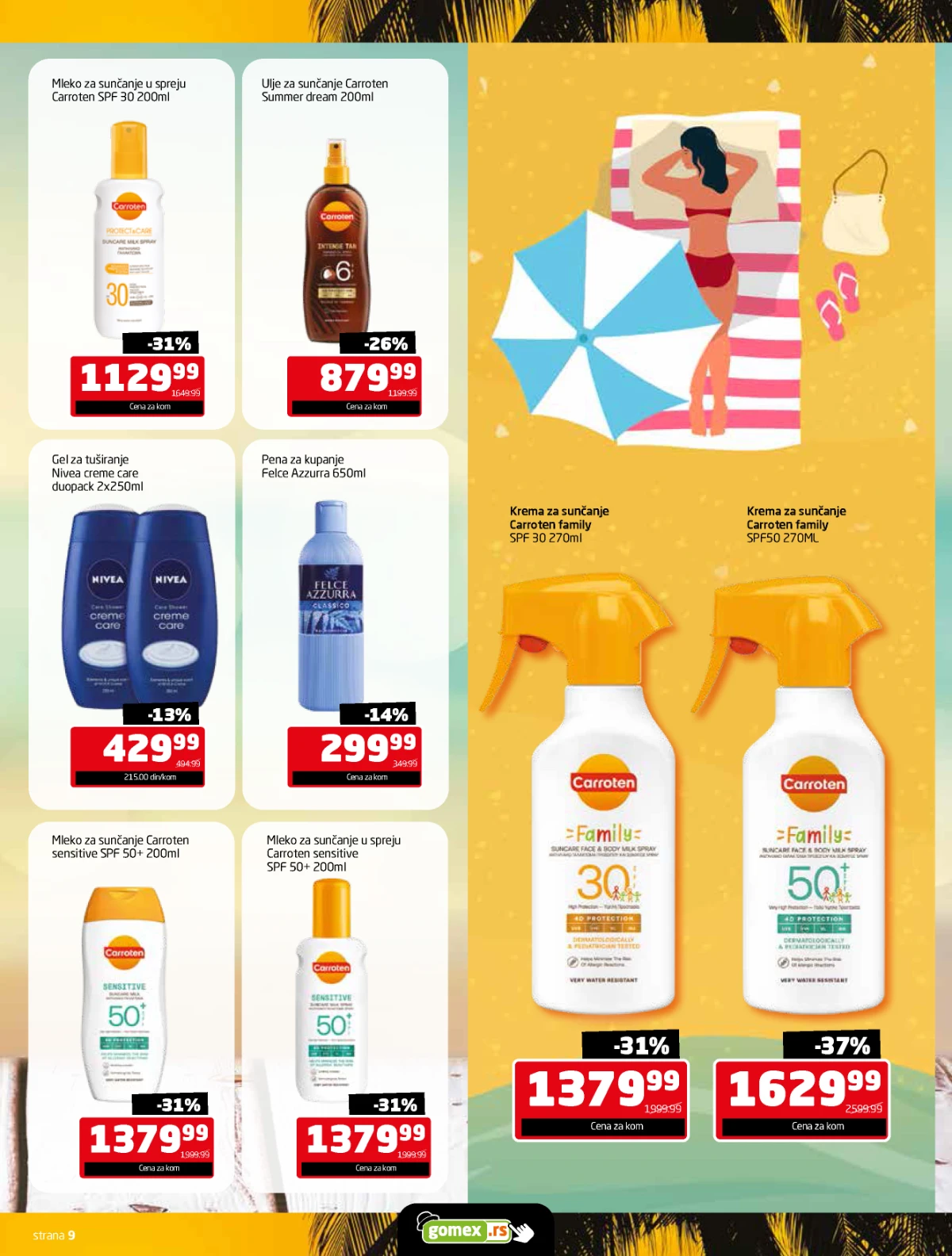 Gomex Letnje osveženje katalog strana 9 – Carroten proizvodi za sunčanje, Nivea gel i pena za kupanje