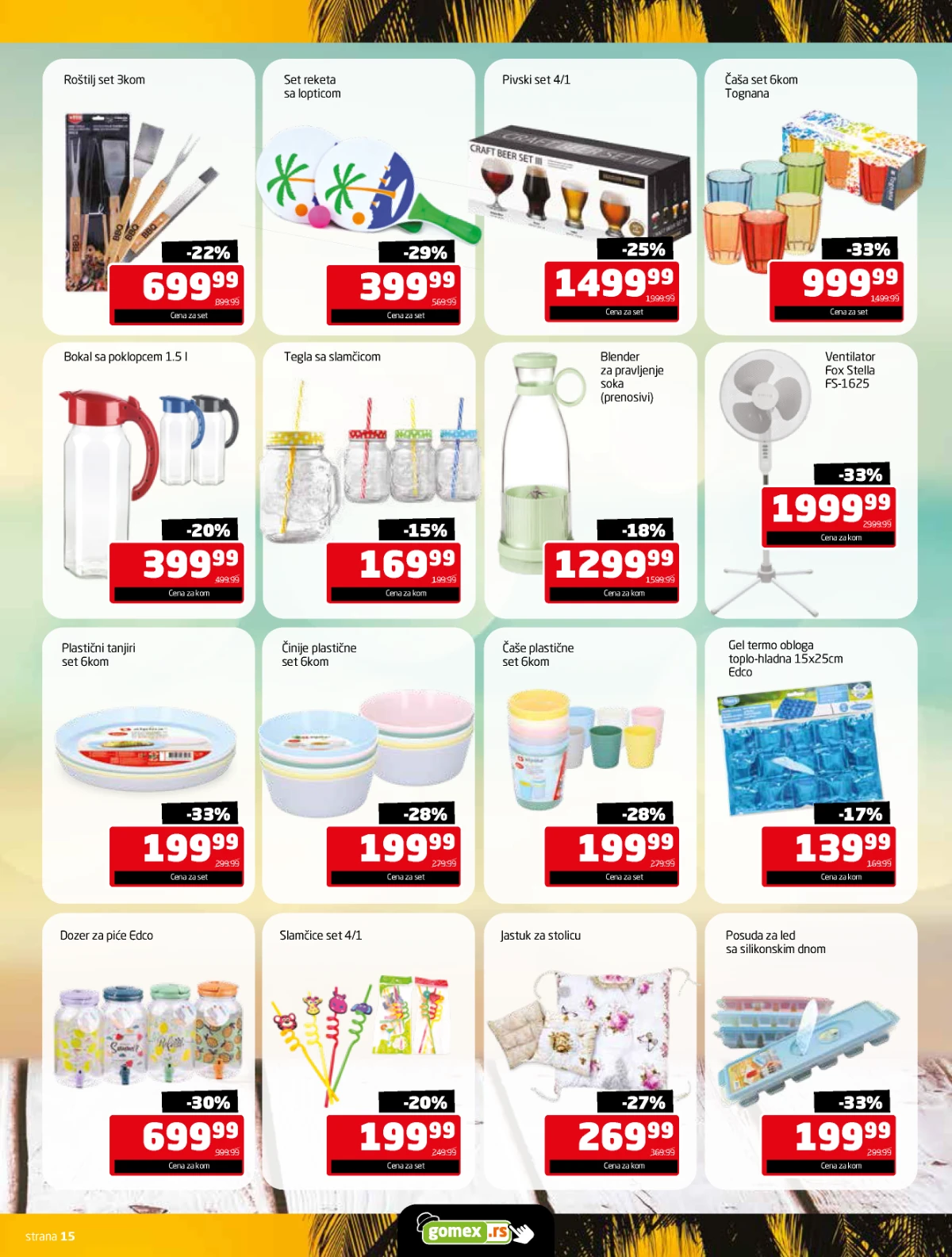 Gomex Letnje osveženje katalog strana 15 – čaše, tanjiri, bokali, ventilator i posuđe za leto