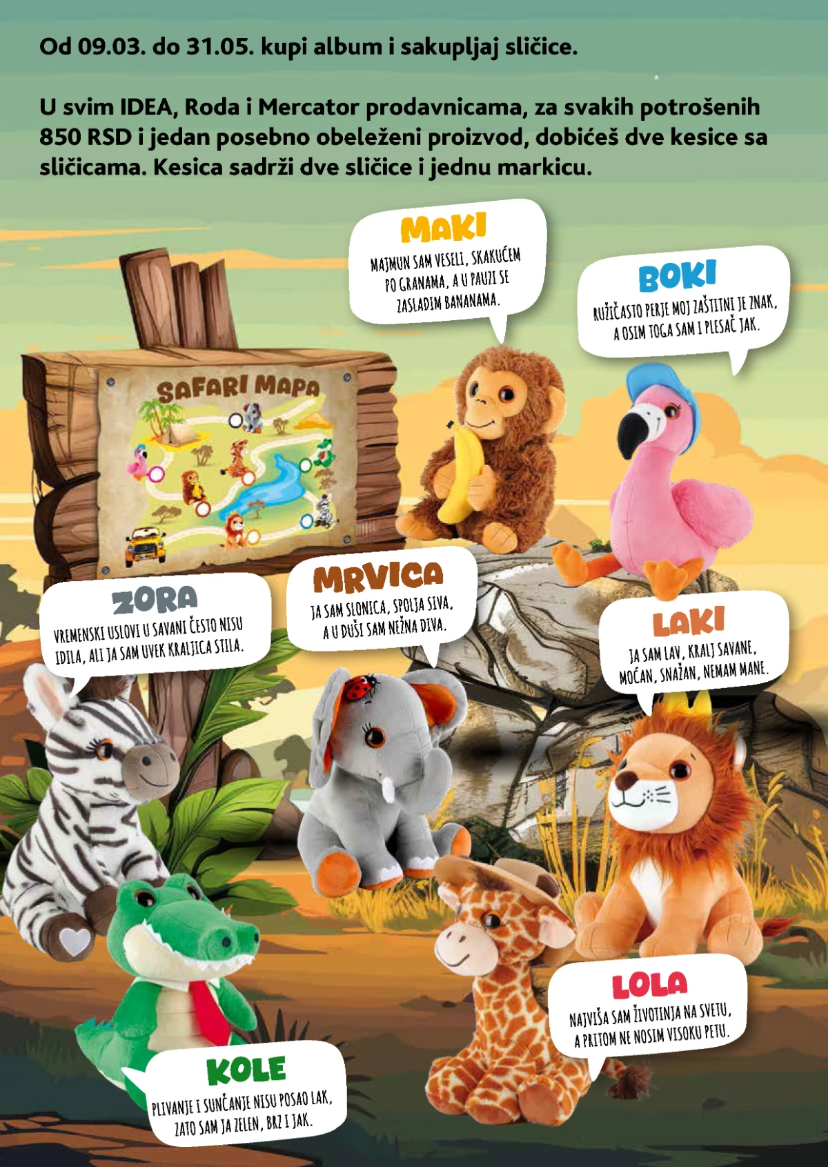 IDEA Roda Mercator Zverići 3 Safari akcija maj 2026 album sličice plišane igračke strana 2