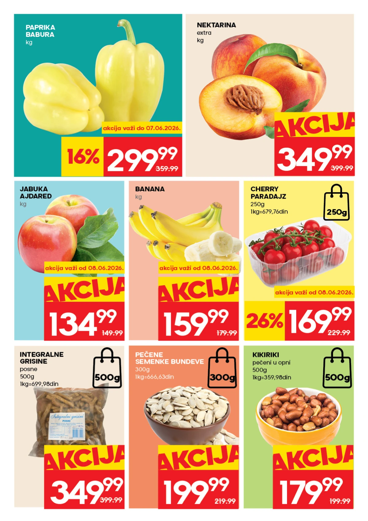 IDEA katalog do 10.06.2026 – voće, povrće i grickalice na akciji IDEA akcija strana 3 – nektarine, paprika, banana i cherry paradajz po nižim cenama