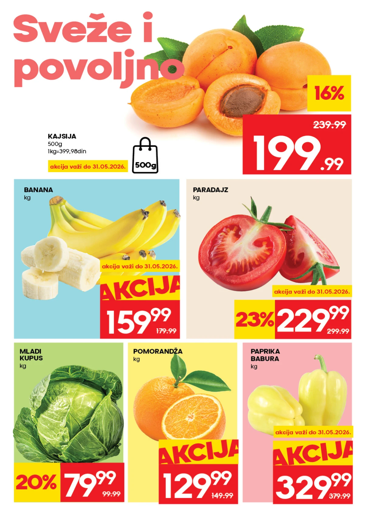 IDEA akcija do 03.06.2026 – sveže voće i povrće po akcijskim cenama IDEA katalog strana 2 – kajsije, banana, paradajz, kupus i pomorandže na sniženju