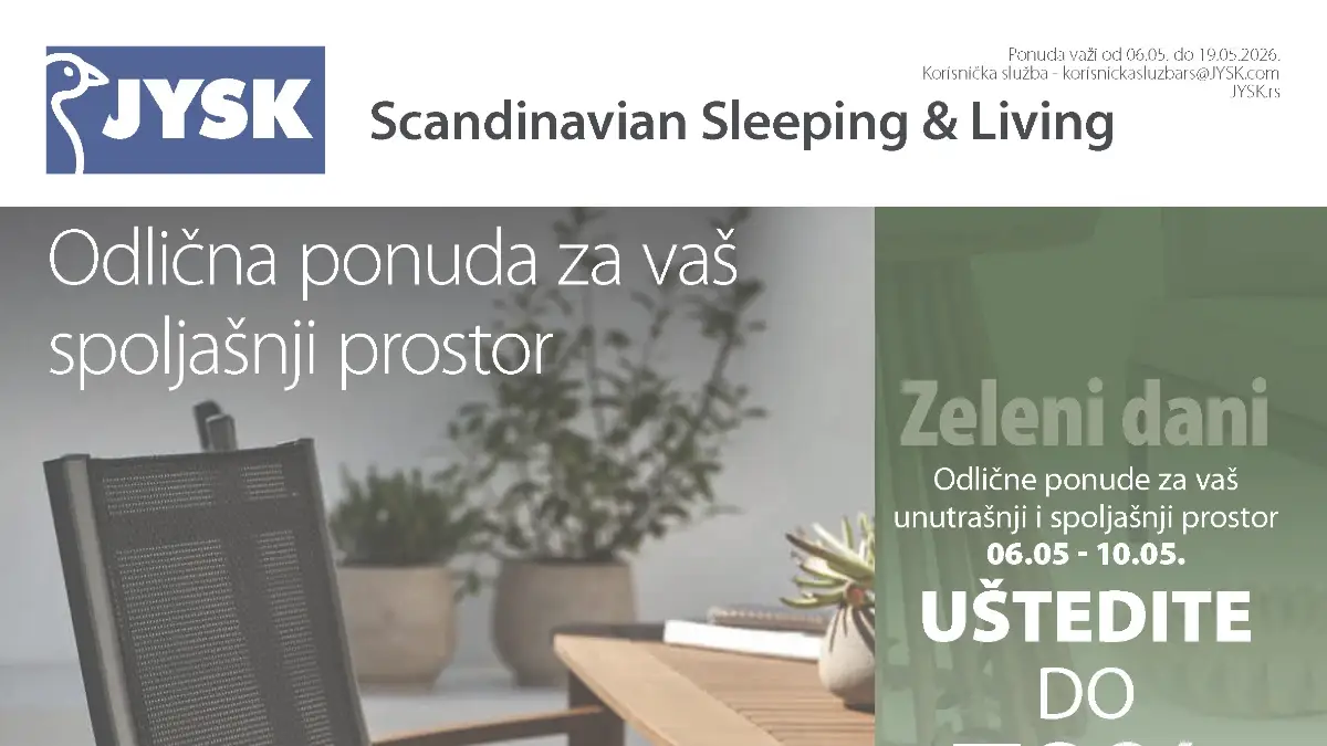 JYSK Zeleni dani akcija do 70% baštenski nameštaj dušeci jastuci zavese sniženja do 19.05.2026