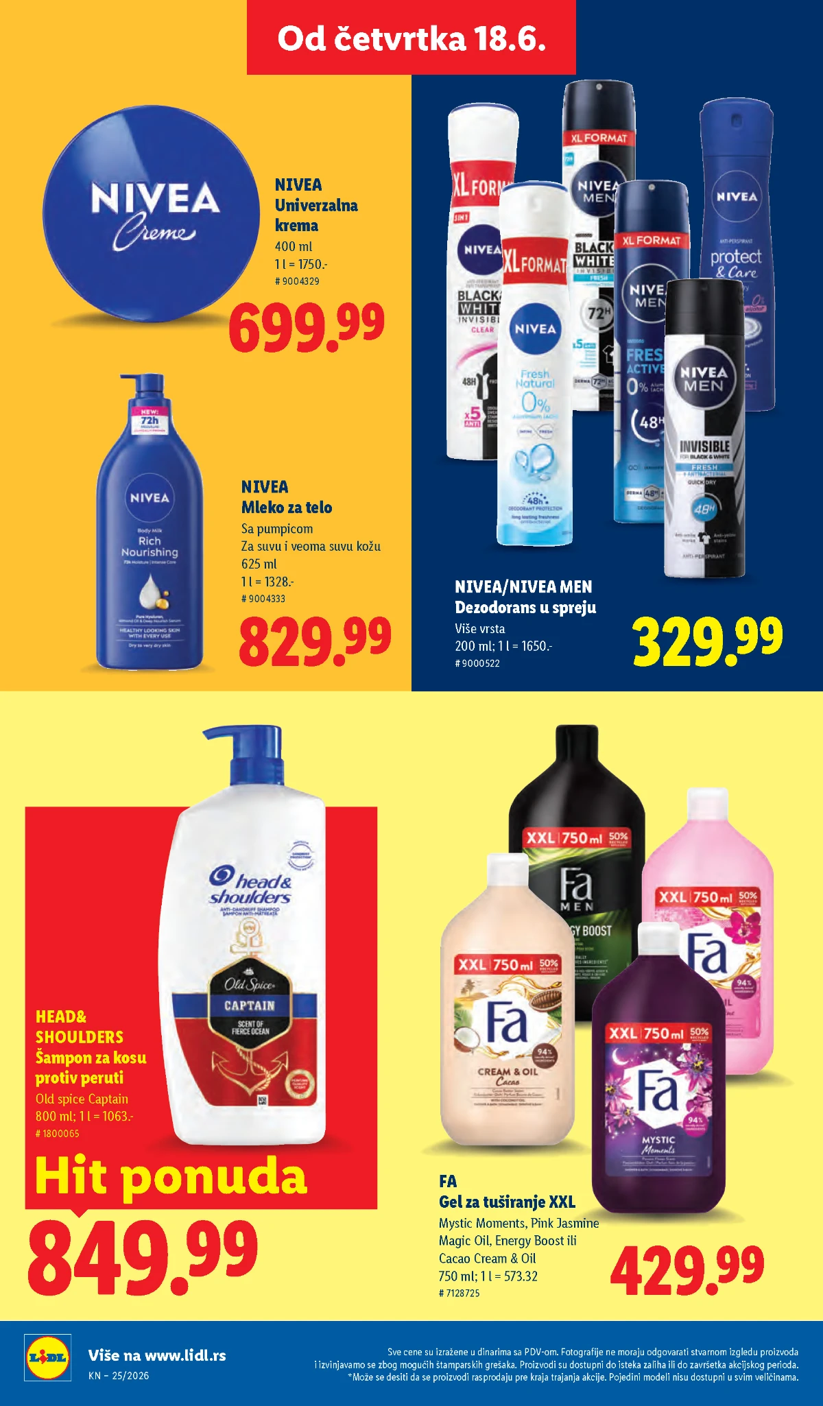 Kozmetika i nega tela po Lidl cenama Nivea, Head and Shoulders i Fa proizvodi na akciji