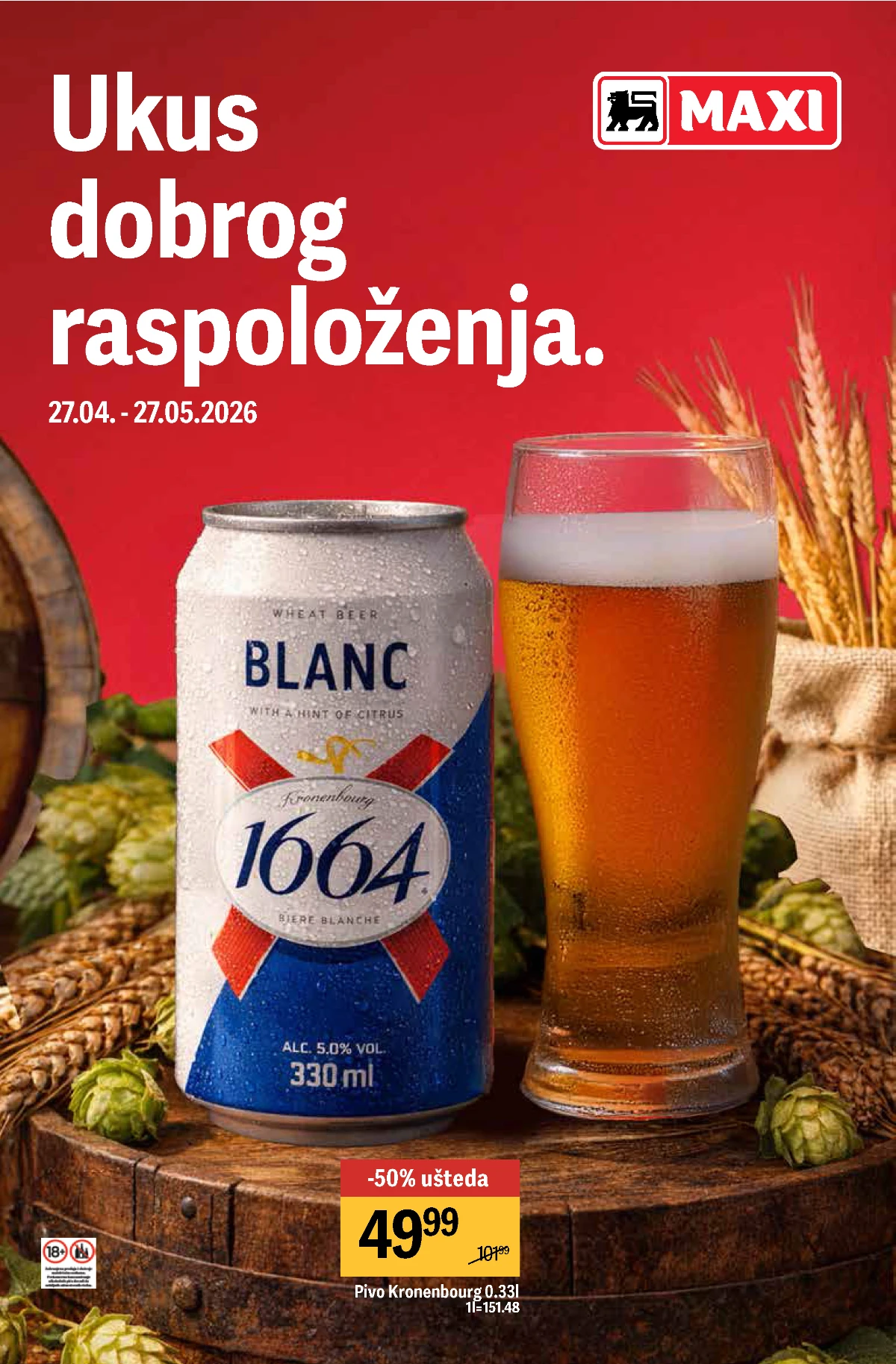 Maxi pivski katalog 2026 – Kronenbourg 1664 Blanc 0.33l akcija 49.99 RSD do 27.05.2026