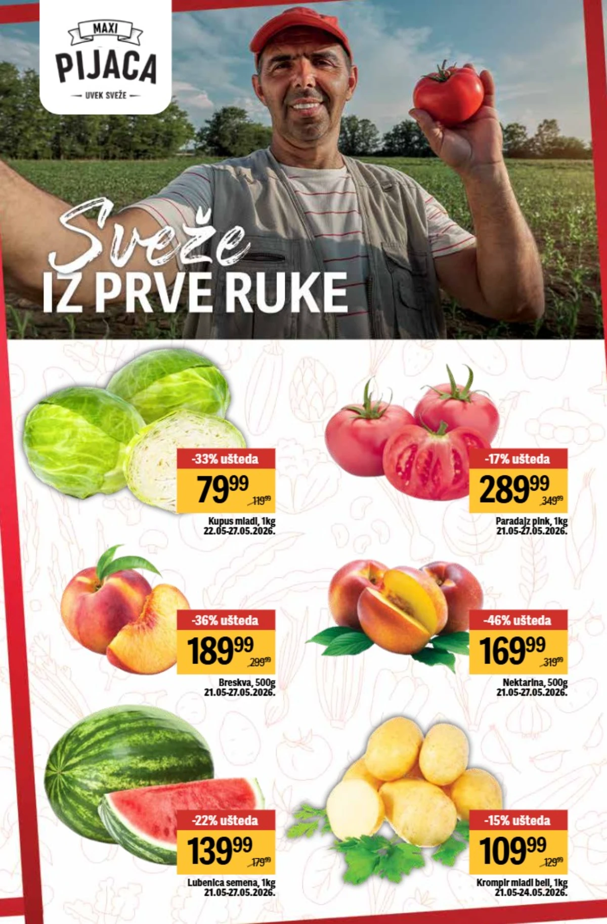 Maxi akcija voće i povrće – lubenica 139,99 RSD i breskve na sniženju Maxi pijaca 21–27.05.2026 – lubenica, breskve i paradajz po sniženim cenama