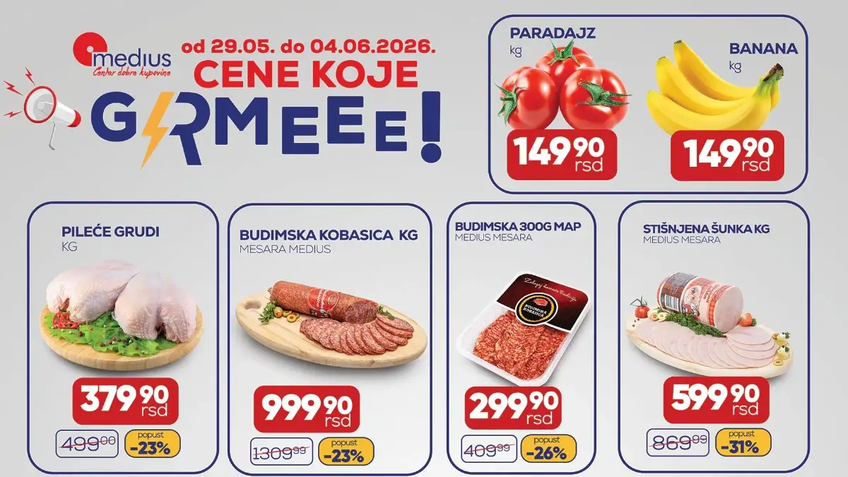 Medius akcija do 04.06.2026 – pileće grudi, paradajz, banane i suhomesnati proizvodi na sniženju