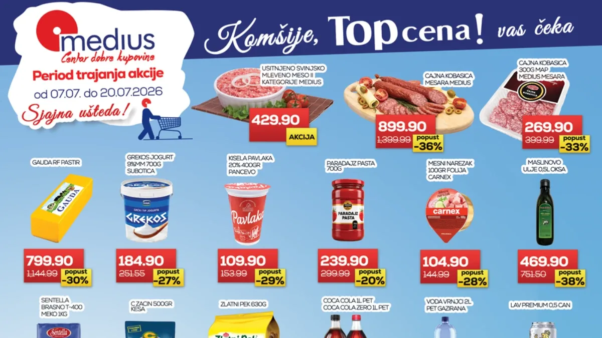 Medius akcija od 07. do 20.07.2026. – Top cena ponuda sa popustima na prehranu, piće, kućnu hemiju i proizvode za domaćinstvo