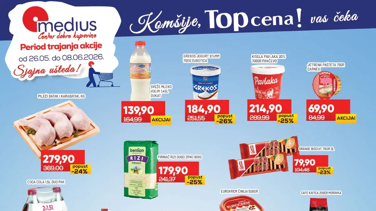 Medius akcija do 08.06.2026 – pileći batak, mleko, pavlaka, pirinač i kućne potrepštine na sniženju