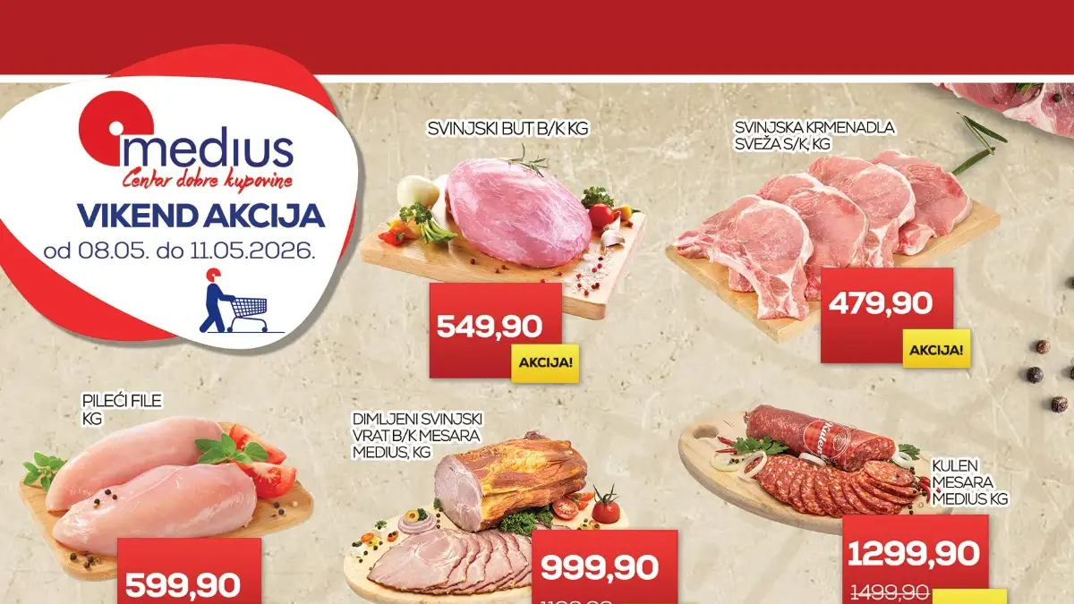 Medius vikend akcija do 11.05.2026 – pileći file 599,90 din, svinjski but 549,90 din i Quattro sladoled -31%