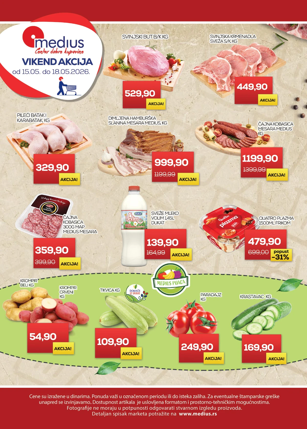 Medius vikend akcija 15–18.05.2026 – svinjski but 529,90 din, pileći batak 329,90 din i Quattro Plazma 479,90 din