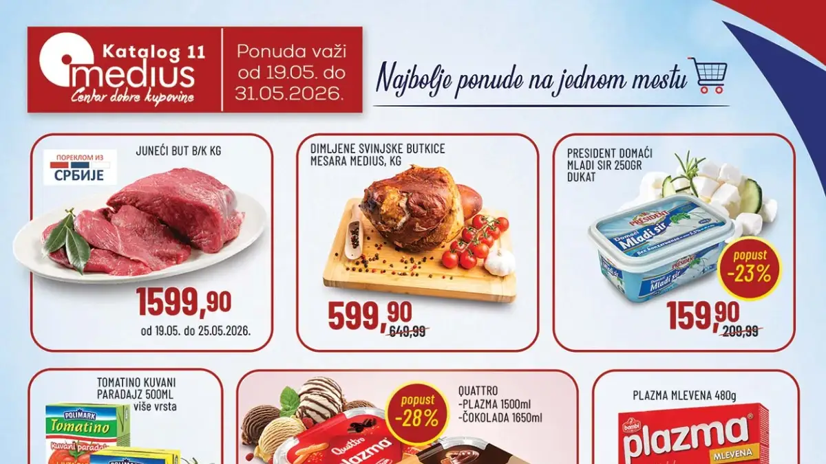 Medius katalog 19–31.05.2026 – Plazma, Milka, kafa i meso po hit cenama Medius katalog maj 2026 akcija – Plazma, Milka, meso, kafa i piće po sniženim cenama do 31.05.2026