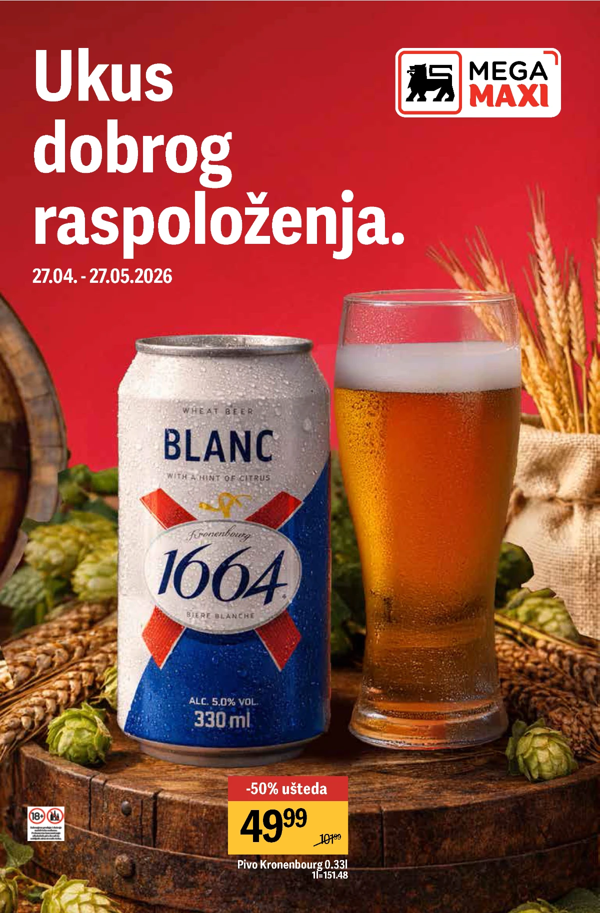 Maxi pivski katalog 2026 – Kronenbourg 1664 Blanc 0.33l akcija 49.99 RSD do 27.05.2026