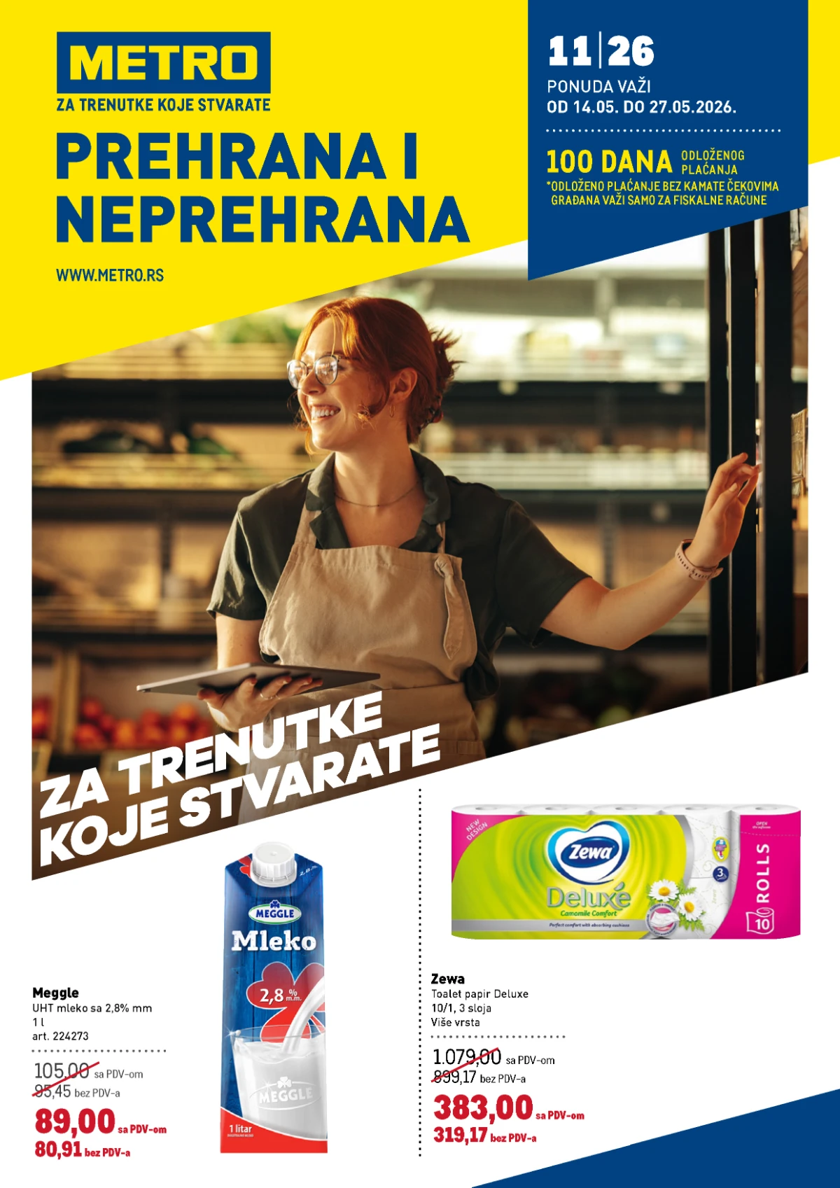 Metro katalog prehrana i neprehrana – Meggle mleko, Zewa Deluxe i akcija do 27.05.2026 Metro katalog prehrana i neprehrana strana 1 – Meggle mleko 89 din i Zewa Deluxe 383 din