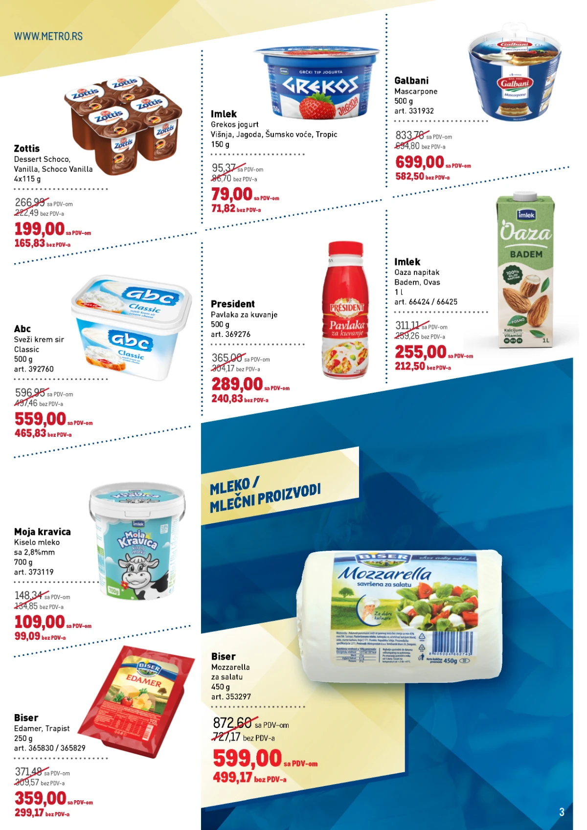 Metro katalog mlečni proizvodi – ABC sir, mozzarella i Galbani mascarpone Metro katalog strana 3 – ABC krem sir, Biser mozzarella i Galbani mascarpone