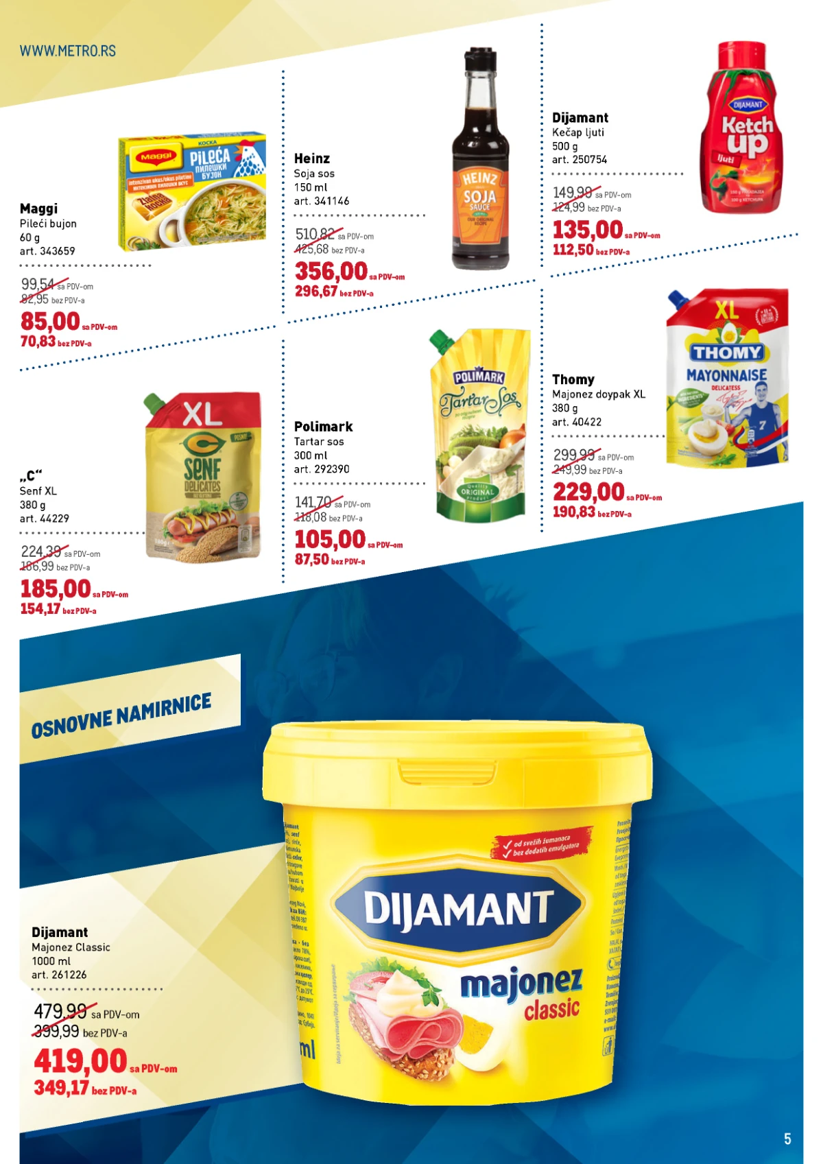 Metro katalog osnovne namirnice – Dijamant, Thomy i Heinz proizvodi Metro katalog strana 5 – Dijamant majonez, Thomy majonez i Heinz soja sos