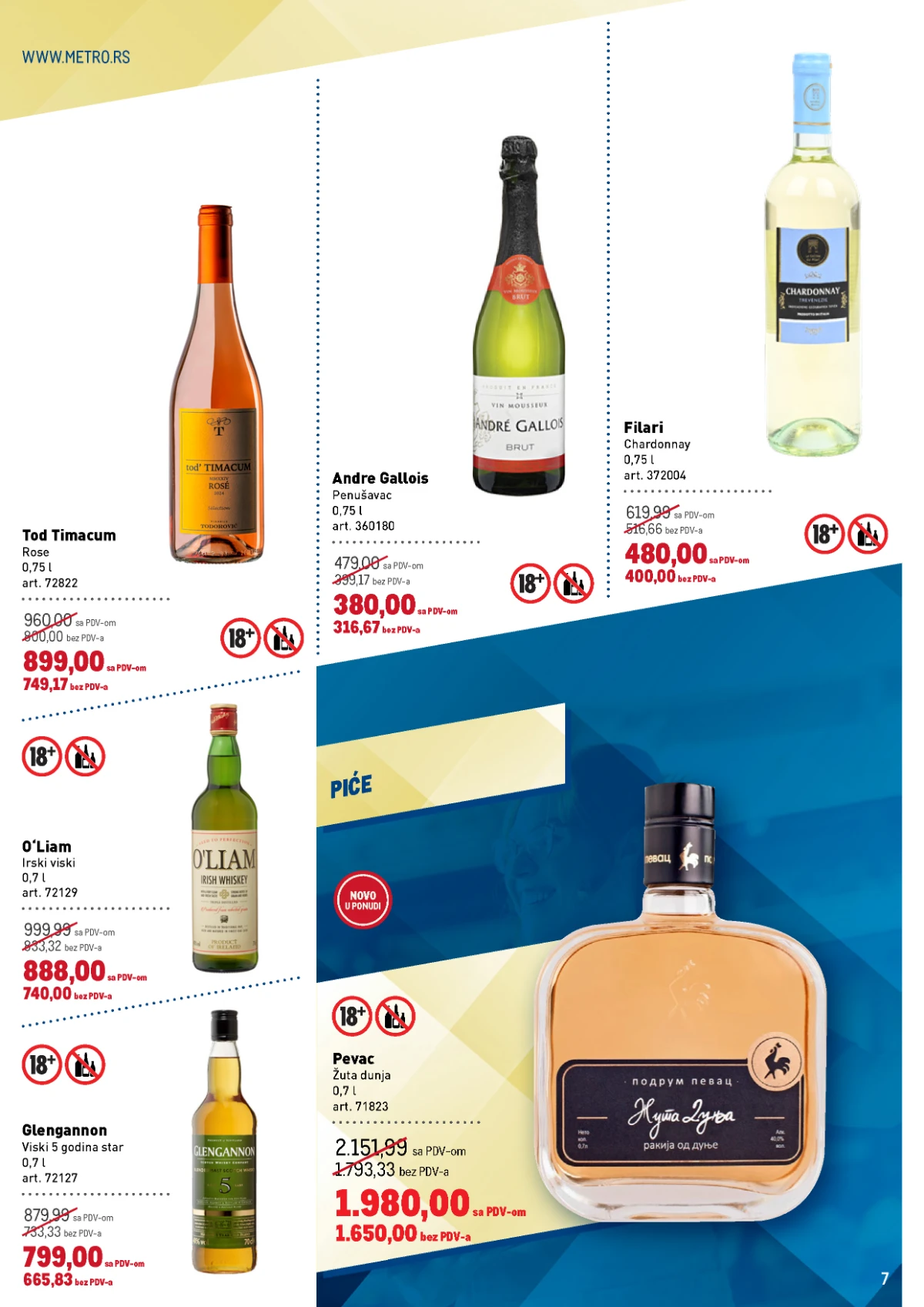 Metro katalog alkoholna pića – viski, vina i rakija na akciji Metro katalog strana 7 – Tod Timacum vino, Pevac rakija i viski akcija