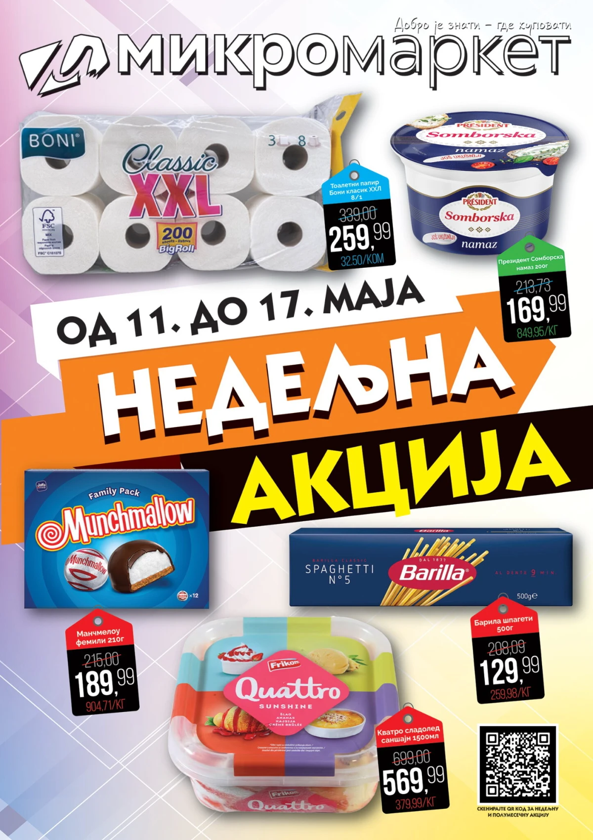 Mikromarket nedeljna akcija do 17.05.2026 Barilla špageti Quattro sladoled Boni papir i Munchmallow na sniženju