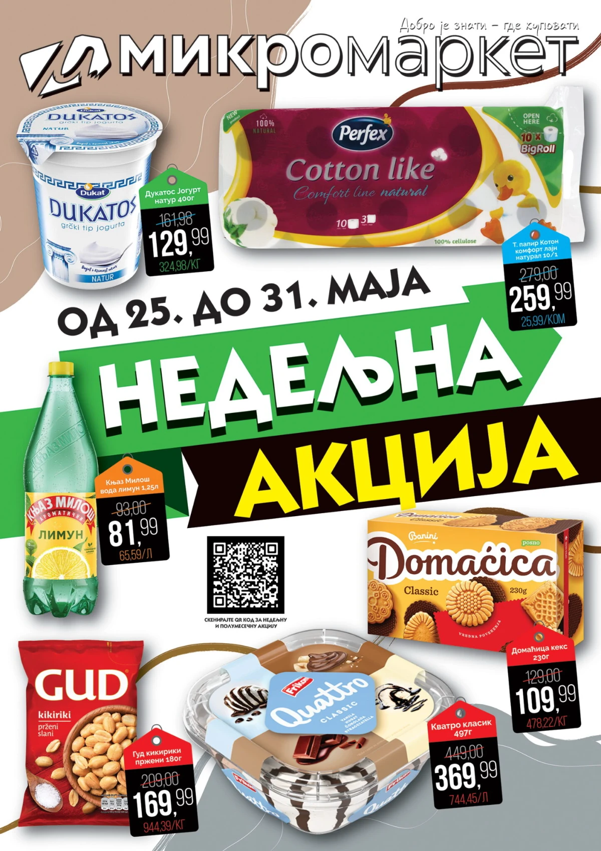 Mikromarket nedeljna akcija do 31.05.2026 – Dukatos jogurt, Perfex papir, Domaćica keks i Quattro proizvodi na sniženju