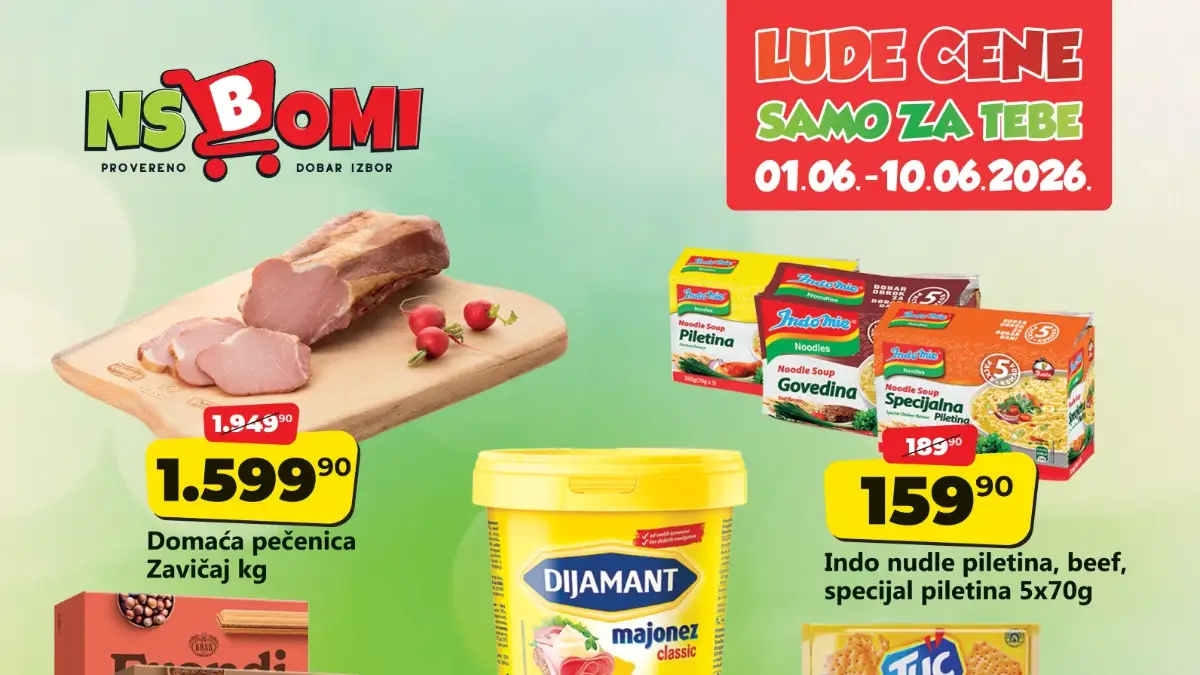 NS Bomi lude cene od 01.06. do 10.06.2026 domaća pečenica Dijamant majonez Tuc krekeri i Heineken na akciji