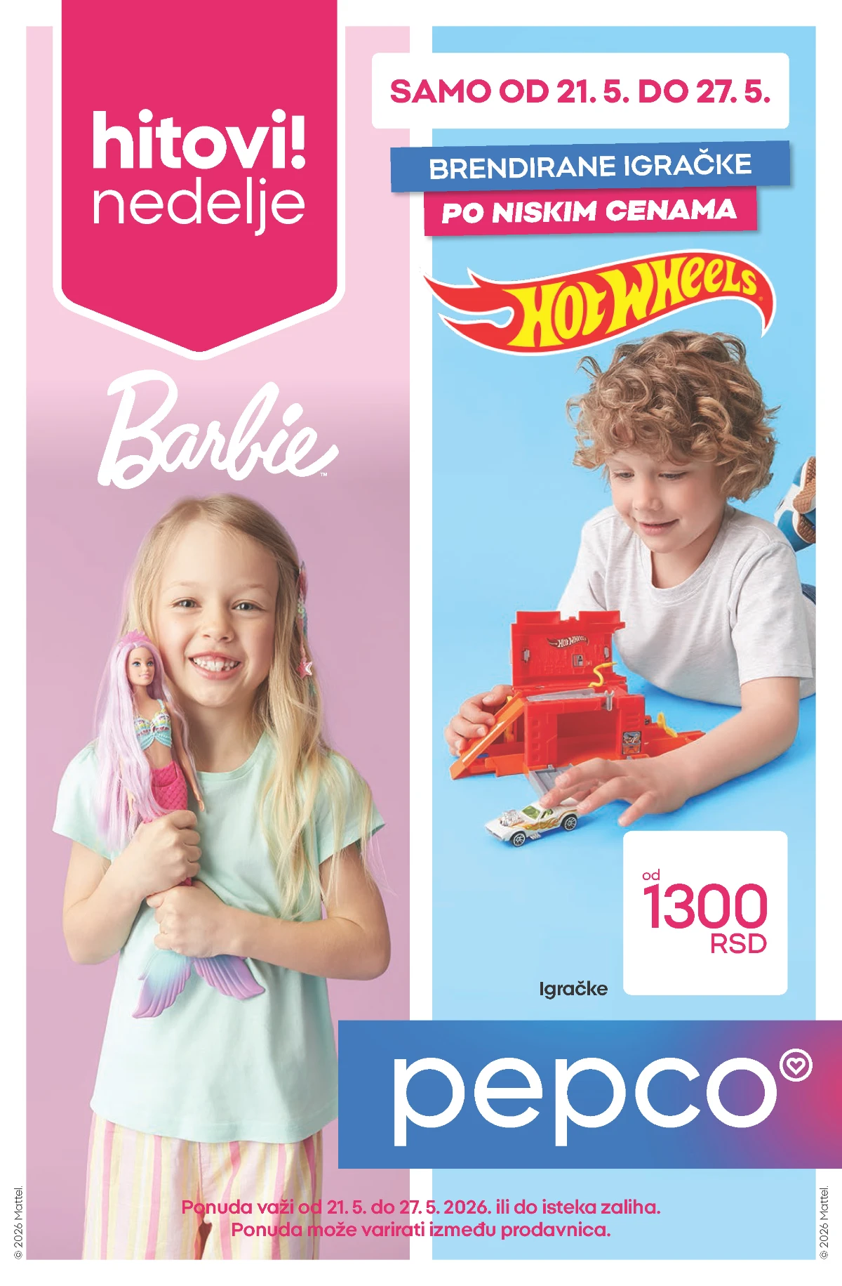 PEPCO Hitovi nedelje 21–27.05.2026 Barbie Hot Wheels Stitch Minecraft igračke odeća i proizvodi za dom po cenama od 300 RSD