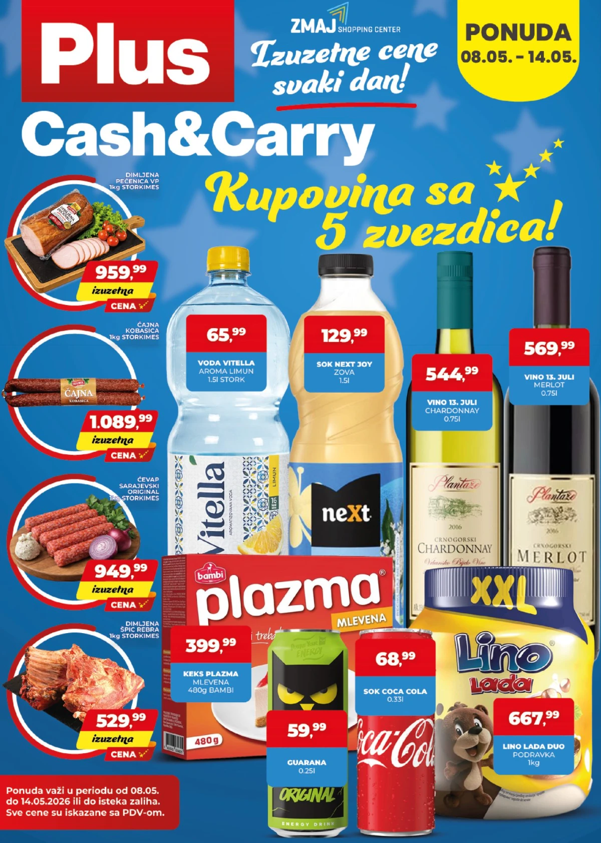 Plus Cash & Carry akcija maj 2026 – Plazma 399,99 din, Vitella 65,99 din i vino na sniženju do 14.05.2026